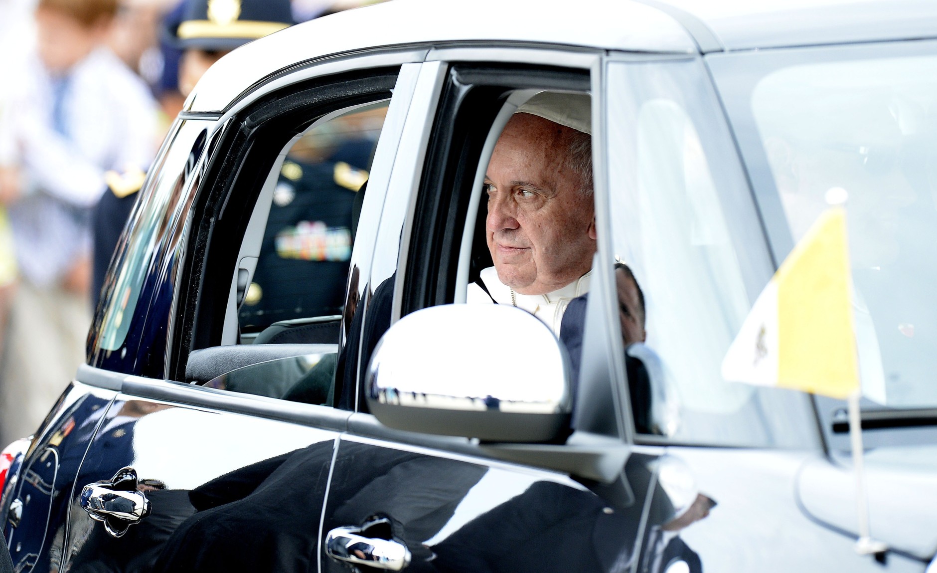 JOINT BASE ANDREWS, MD - SEPTEMBER 22:   (AFP OUT) Pope Francis departs in a Fiat after arriving from Cuba to the United States September 22, 2015 at Joint Base Andrews, Maryland. Francis will be visiting Washington, New York City and Philadelphia during his first trip to the United States as Pope.  (Photo by Olivier Douliery-Pool/Getty Images)